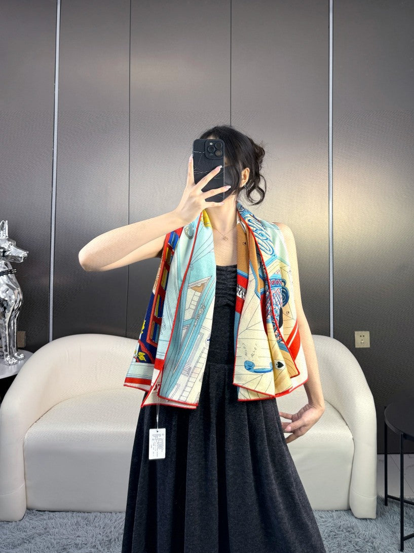 Mystere Au 24 Scarf 135 CM Light Jade Blue Colorful Cashmere And Silk