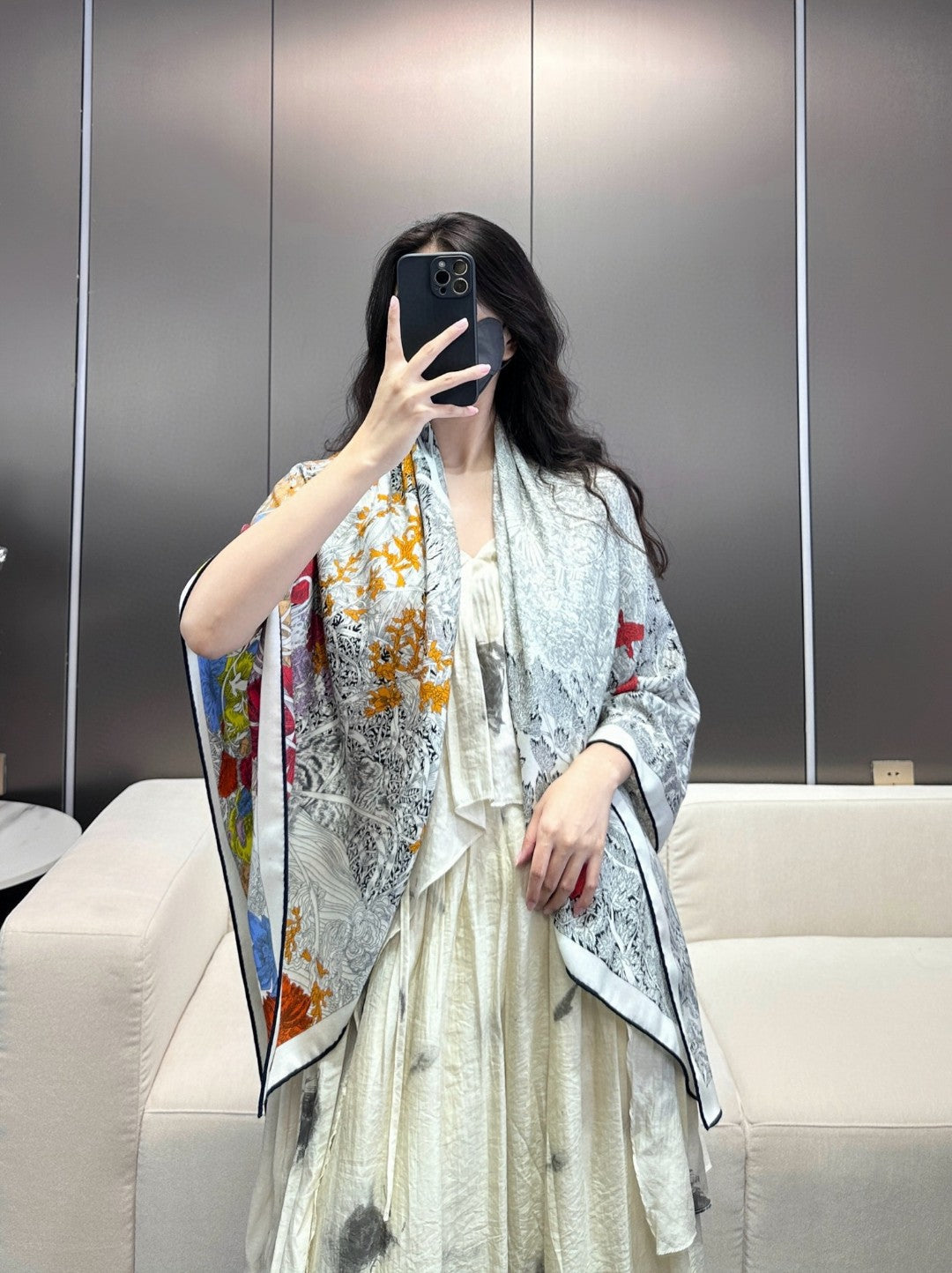 Square Scarf 135CM In Black White Colorful Cashmere And Silk
