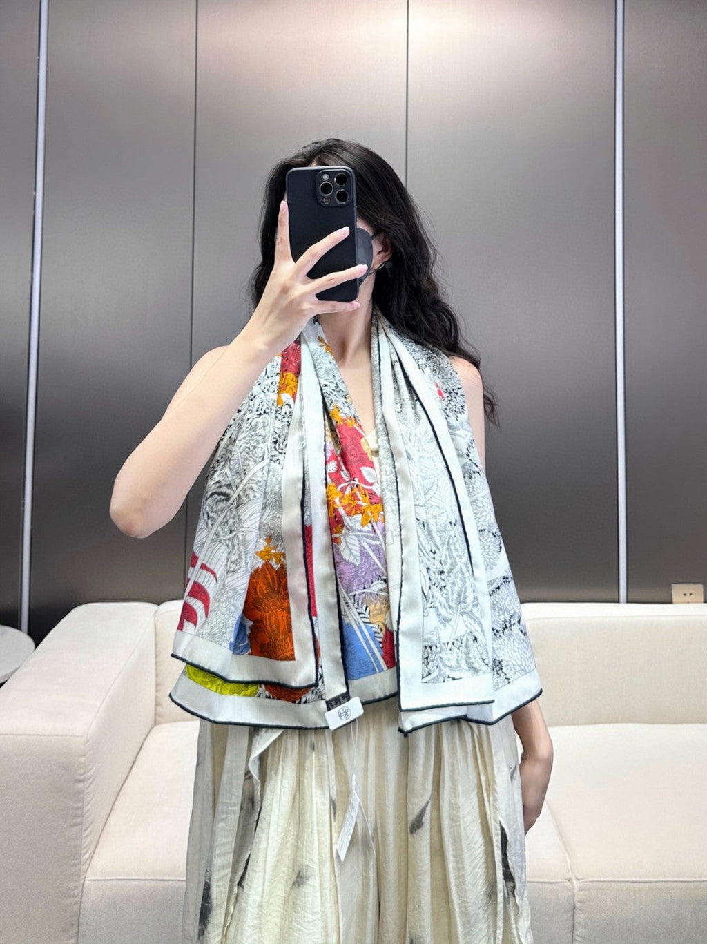 Square Scarf 135CM In Black White Colorful Cashmere And Silk