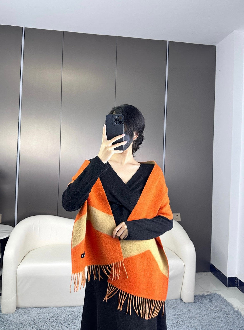 Scarf 190 CM Orange Mix Light Brown Wool Soft