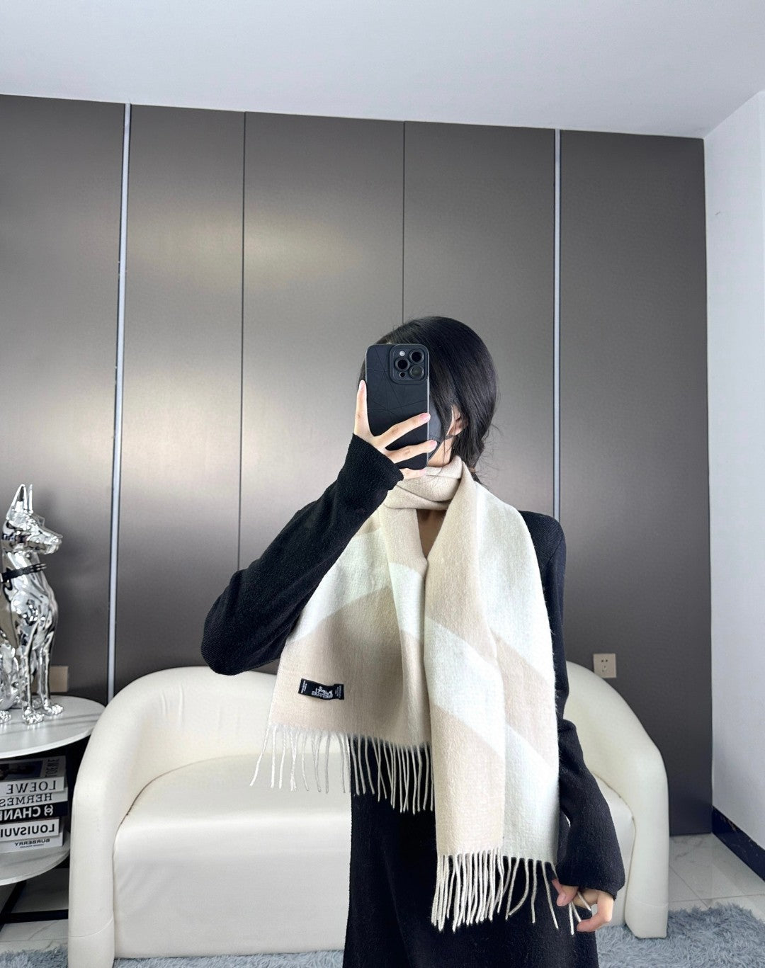Scarf 190 CM Light Brown Mix White Wool Soft