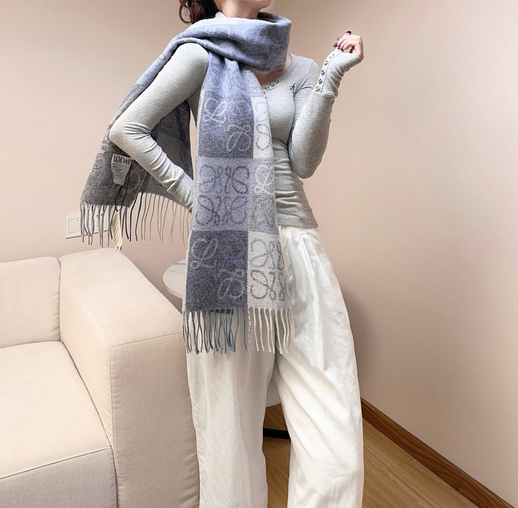Loewe Scarf 180CM Light Blue Gray Wool Cashmere 968613