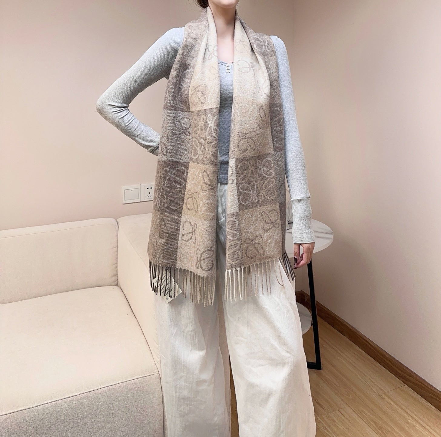 Loewe Scarf 180CM Light Brown Gray Wool Cashmere 968611