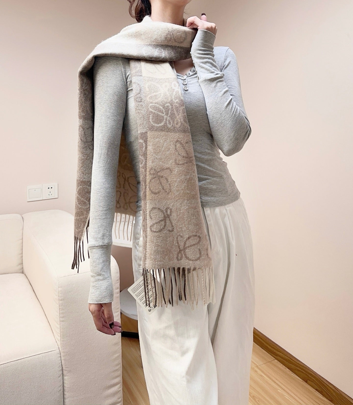 Loewe Scarf 180CM Light Brown Gray Wool Cashmere 968611