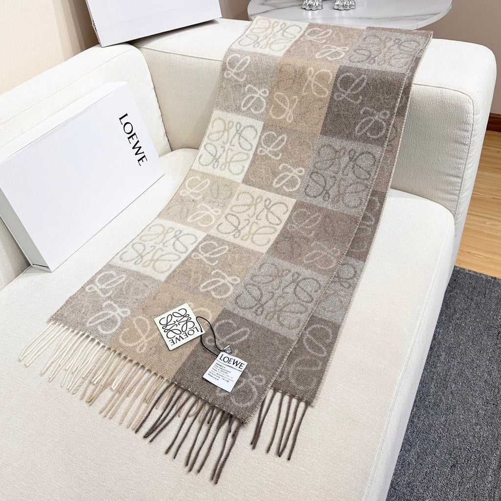 Loewe Scarf 180CM Light Brown Gray Wool Cashmere 968611