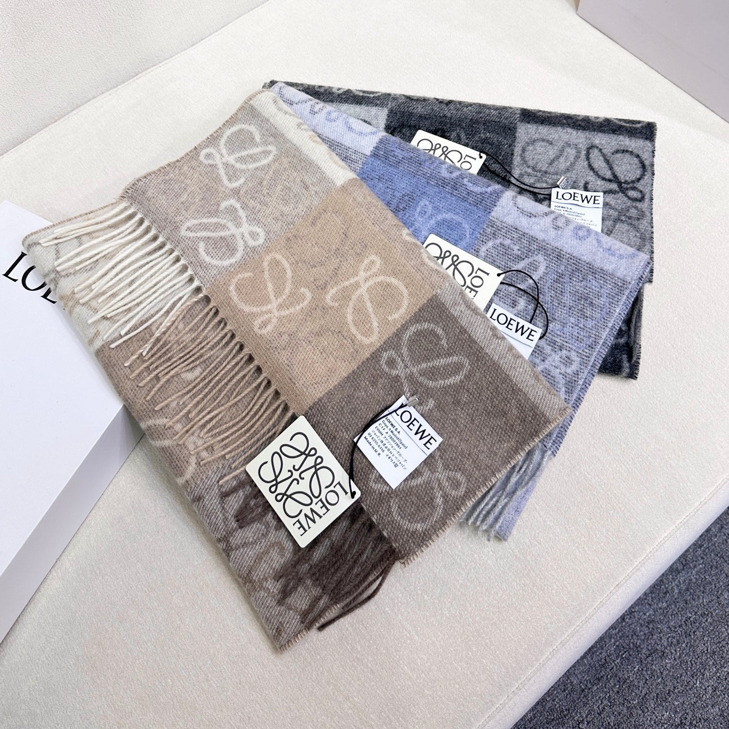 Loewe Scarf 180CM Light Brown Gray Wool Cashmere 968611