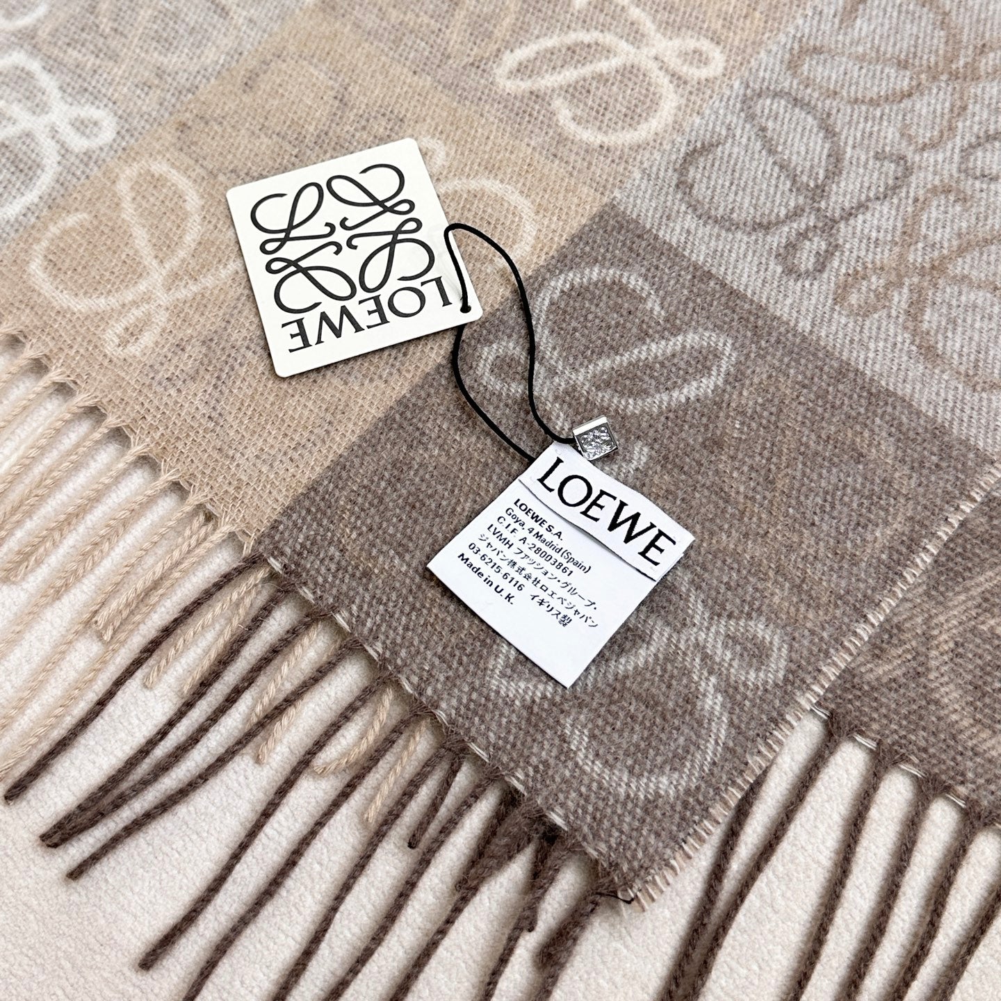Loewe Scarf 180CM Light Brown Gray Wool Cashmere 968611