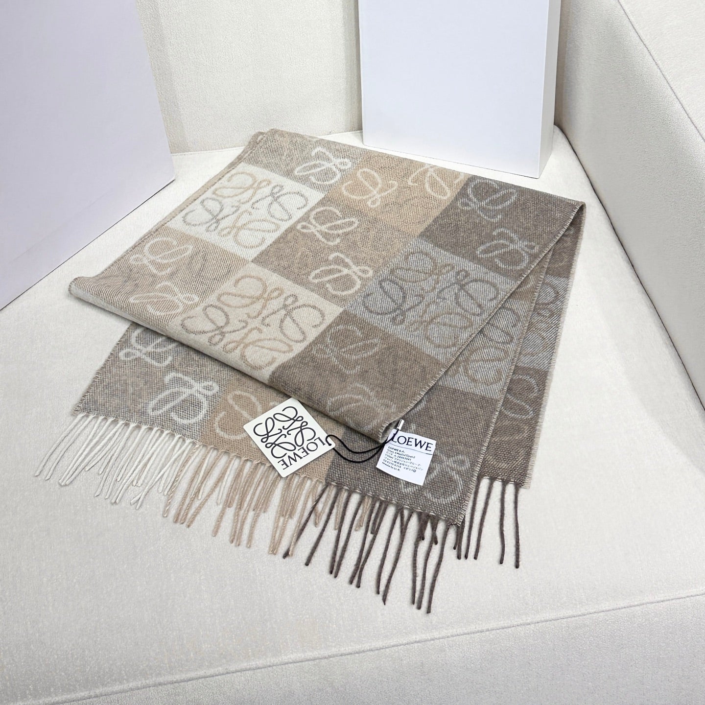 Loewe Scarf 180CM Light Brown Gray Wool Cashmere 968611