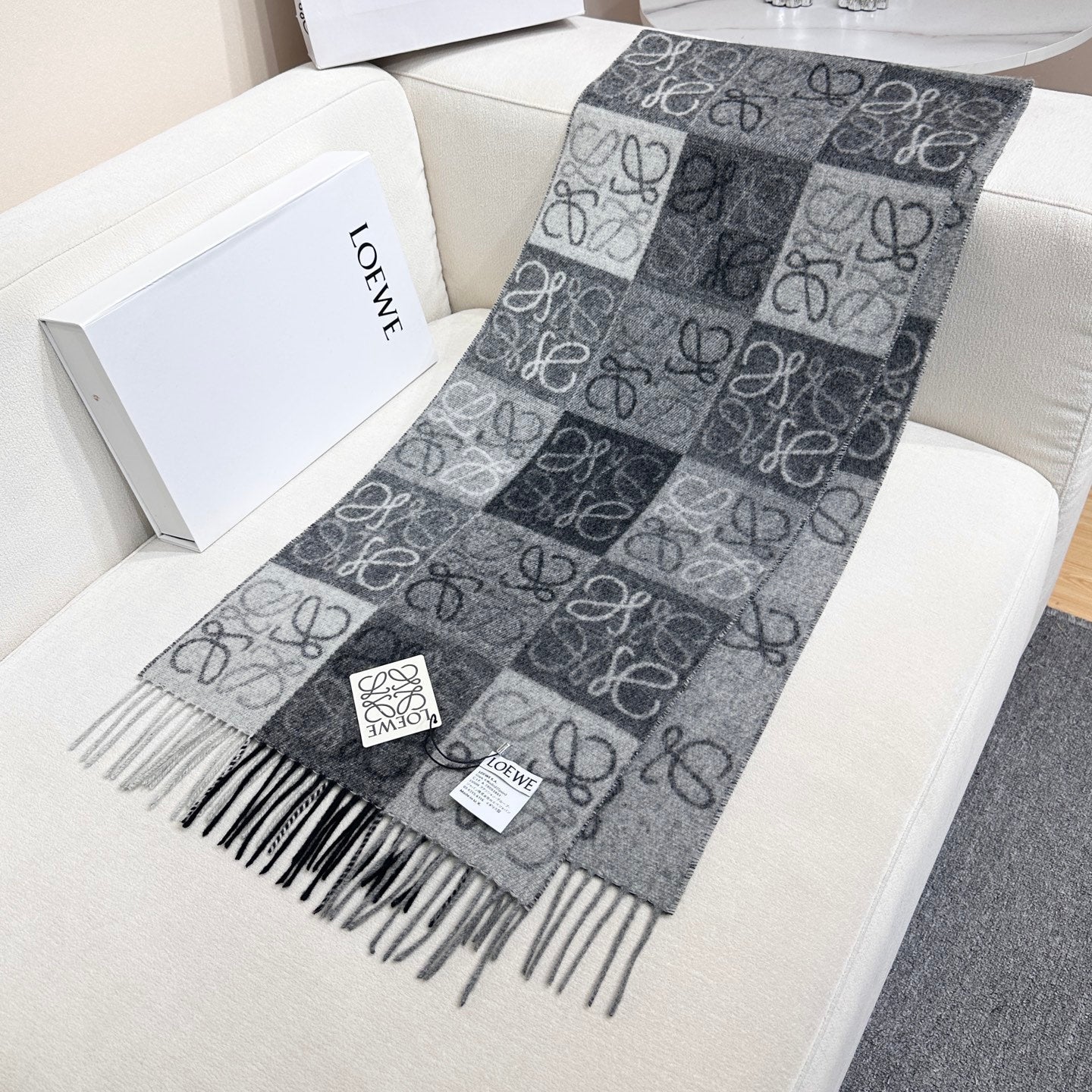 Loewe Scarf 180CM Black Gray Wool Cashmere 968612