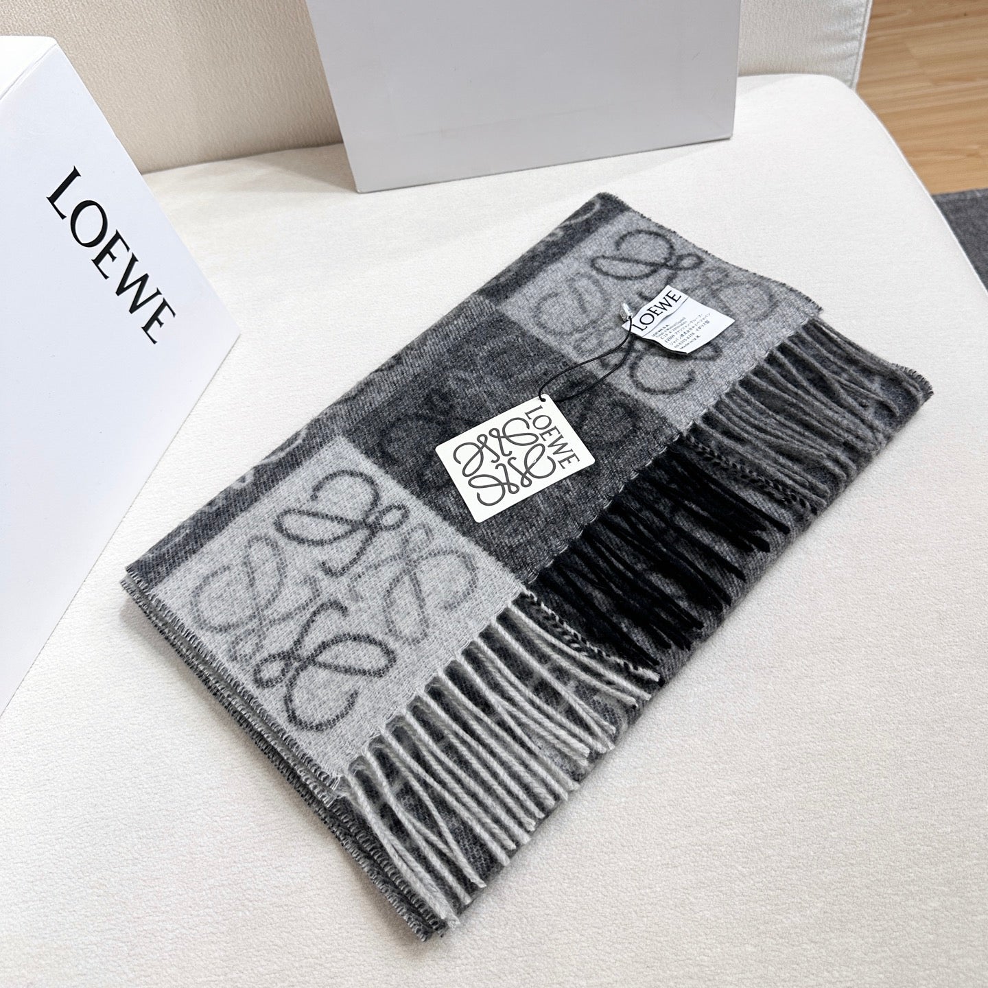 Loewe Scarf 180CM Black Gray Wool Cashmere 968612