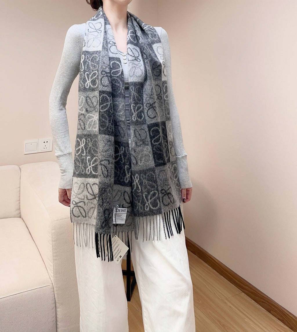 Loewe Scarf 180CM Black Gray Wool Cashmere 968612