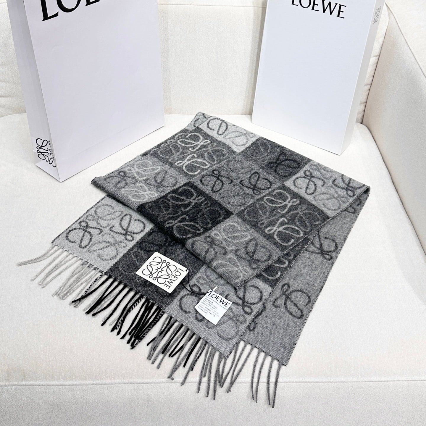 Loewe Scarf 180CM Black Gray Wool Cashmere 968612