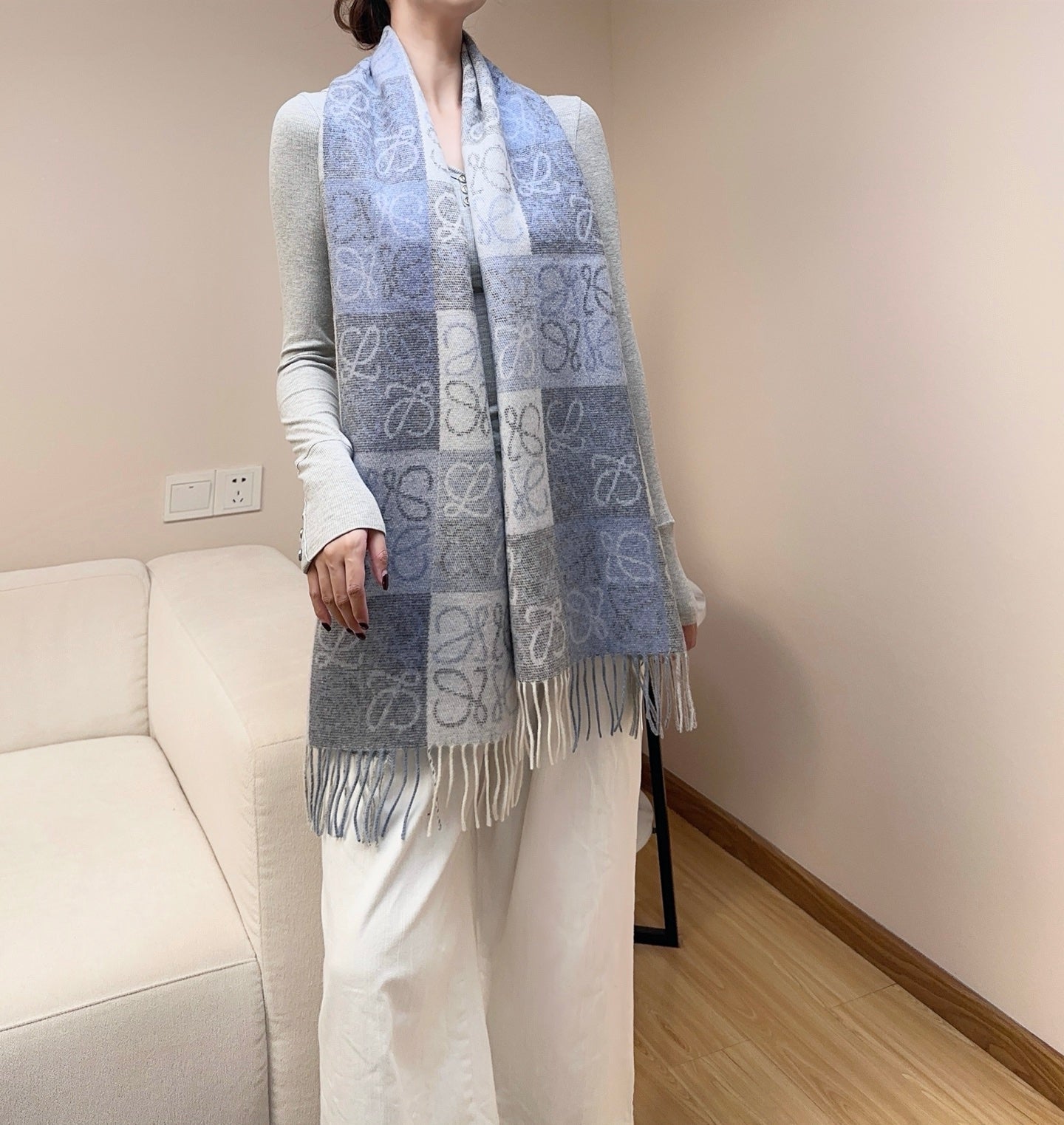 Loewe Scarf 180CM Light Blue Gray Wool Cashmere 968613