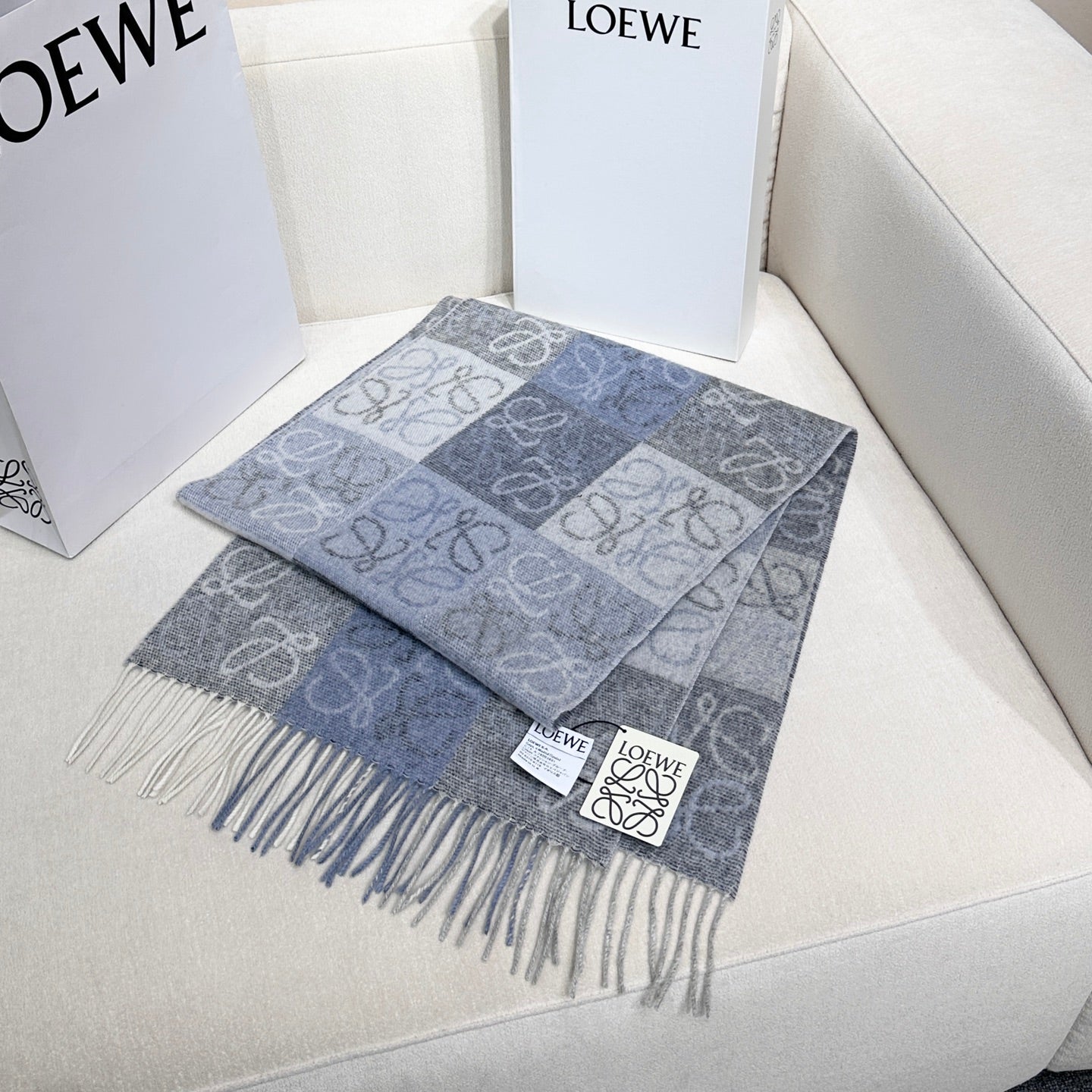 Loewe Scarf 180CM Light Blue Gray Wool Cashmere 968613