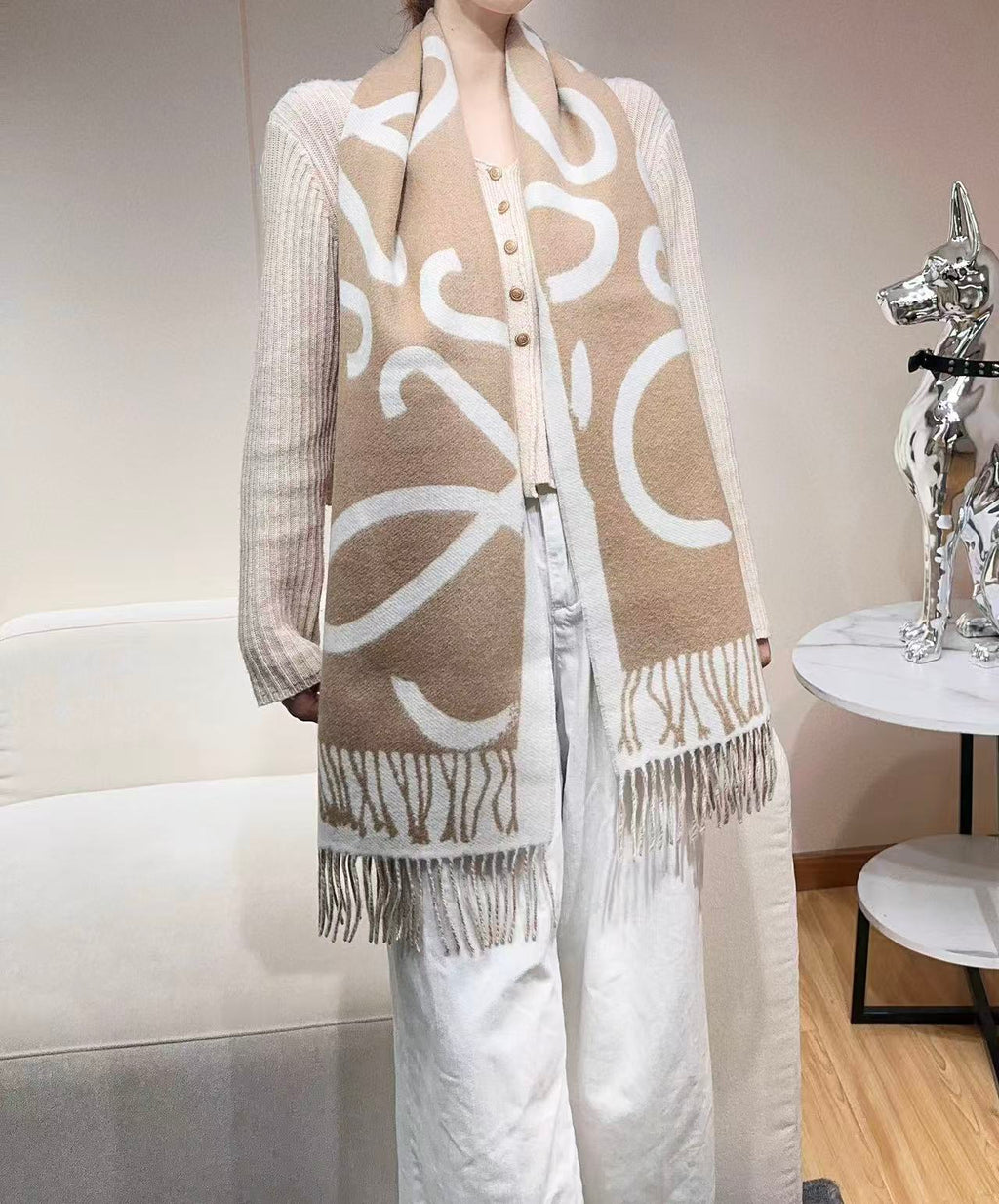 Loewe Scarf 180CM Beige White Cashmere 962789