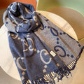 GG JACQUARD PATTERN KNIT SCARF 195 CM WITH TASSELS NAVY BLUE 403747