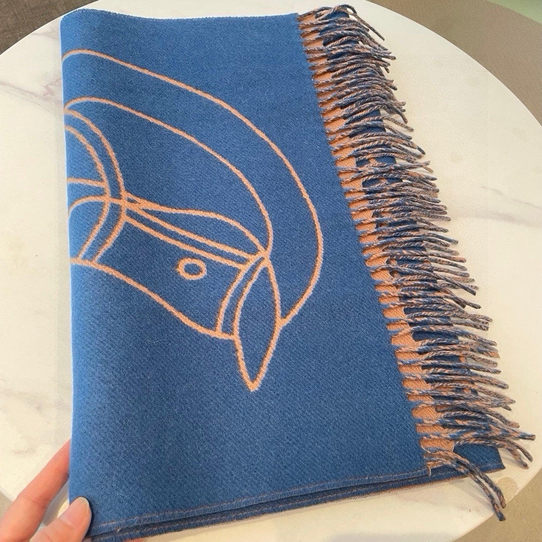 Casaque Entrelacs Equestres Scarf 195 CM Blue Mix Light Brown Cashmere