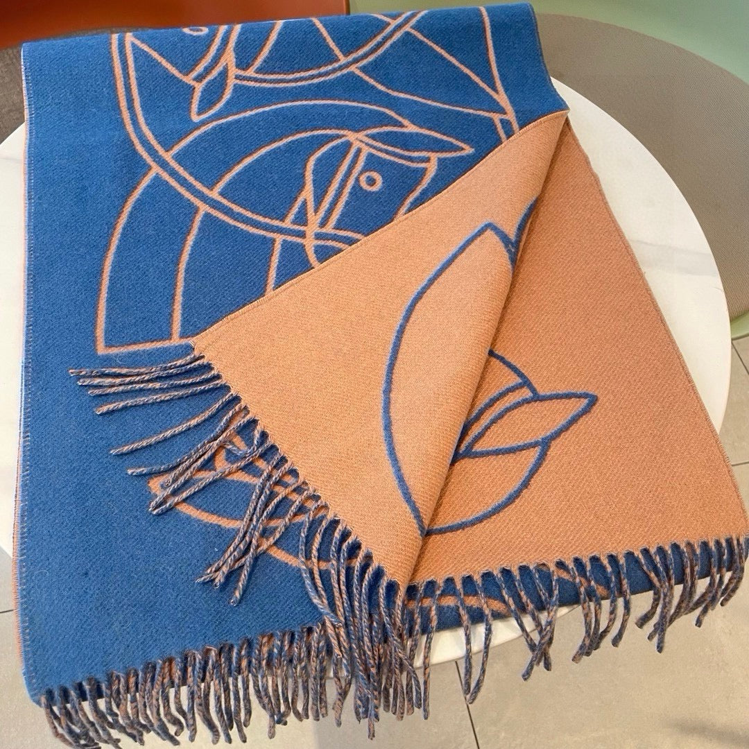 Casaque Entrelacs Equestres Scarf 195 CM Blue Mix Light Brown Cashmere