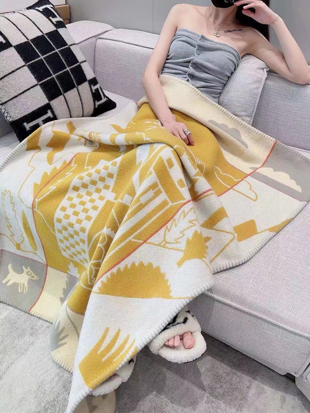 HM Avalon Epopee Blanket Yellow Gray Cashmere Wool 524201