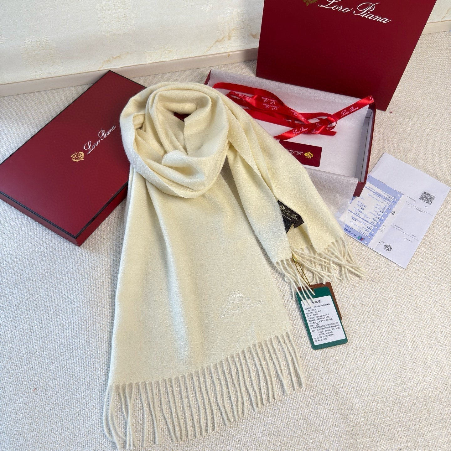 Loro Piana Long Scarf Ivory Cashmere 150413