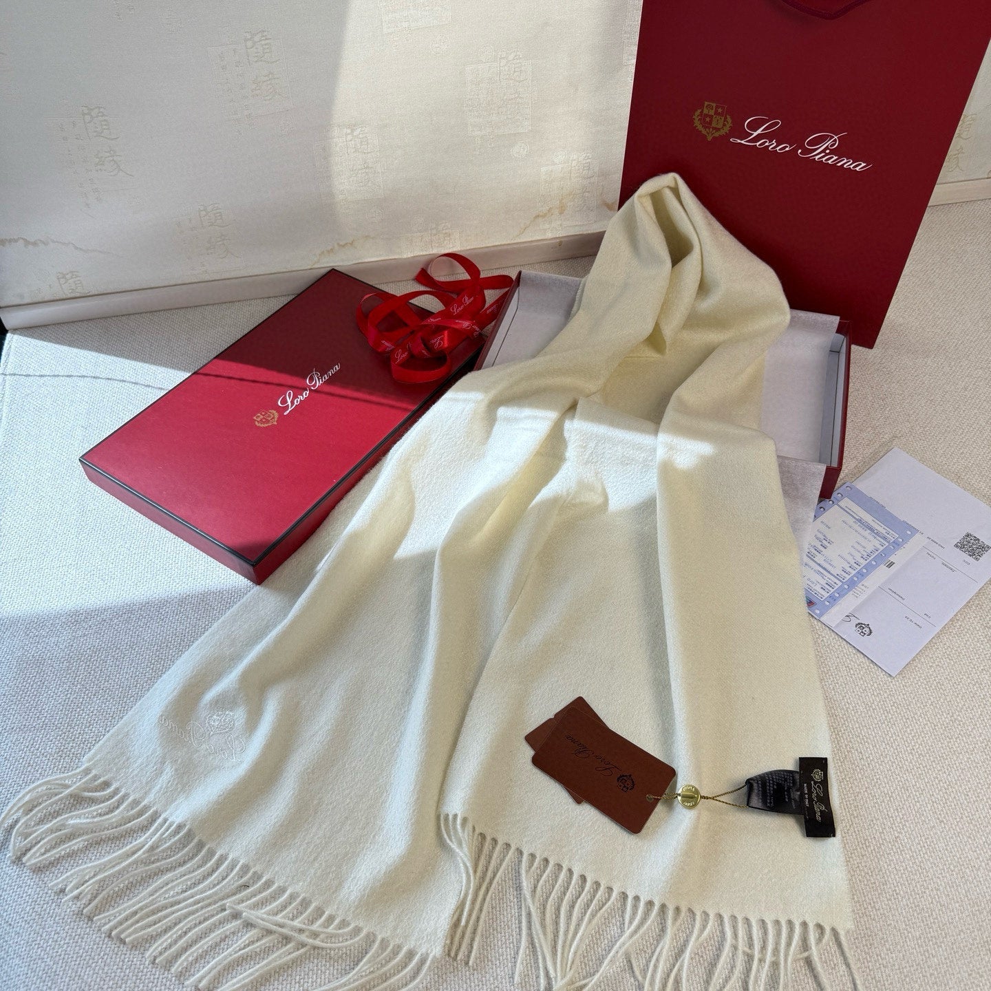 Loro Piana Long Scarf Ivory Cashmere 150413