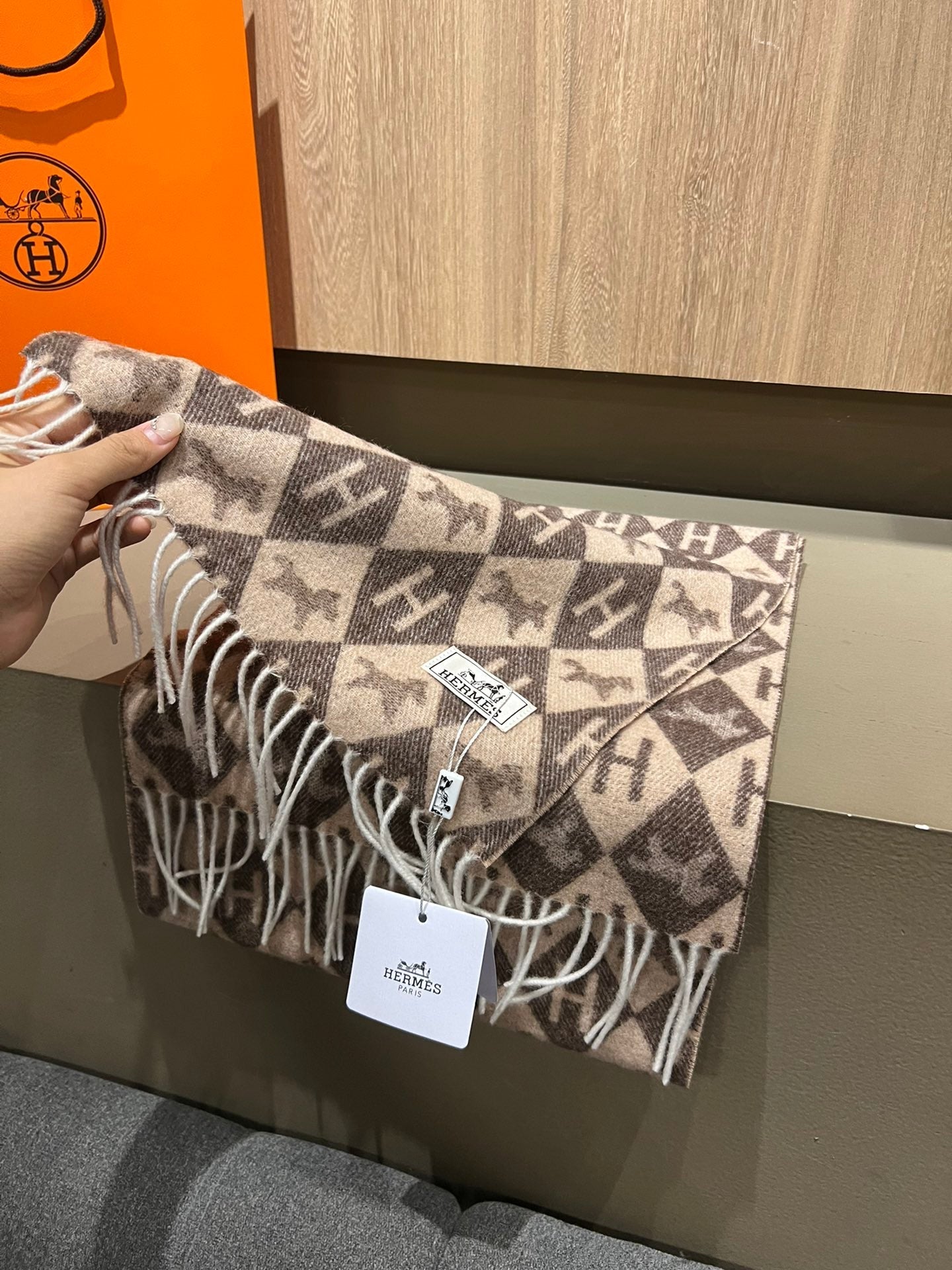 Scarf Cashmere 180 CM In Dark Beige Mix Dark Brown Fine Wool 290425