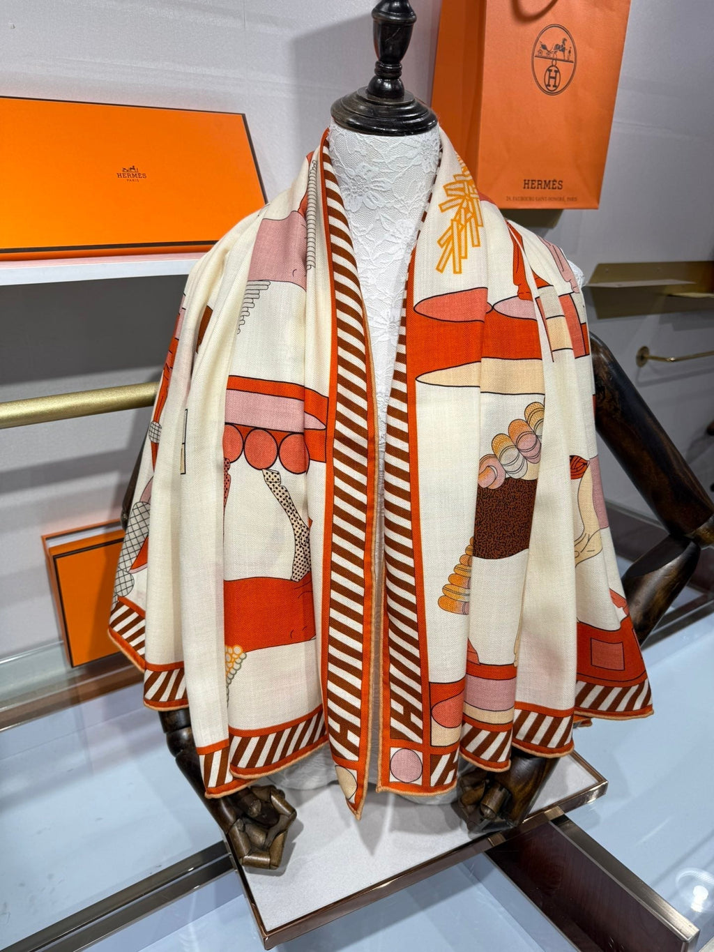 HM A Toute Allure Scarf 140 Ivory Orange Cashmere Silk 200680