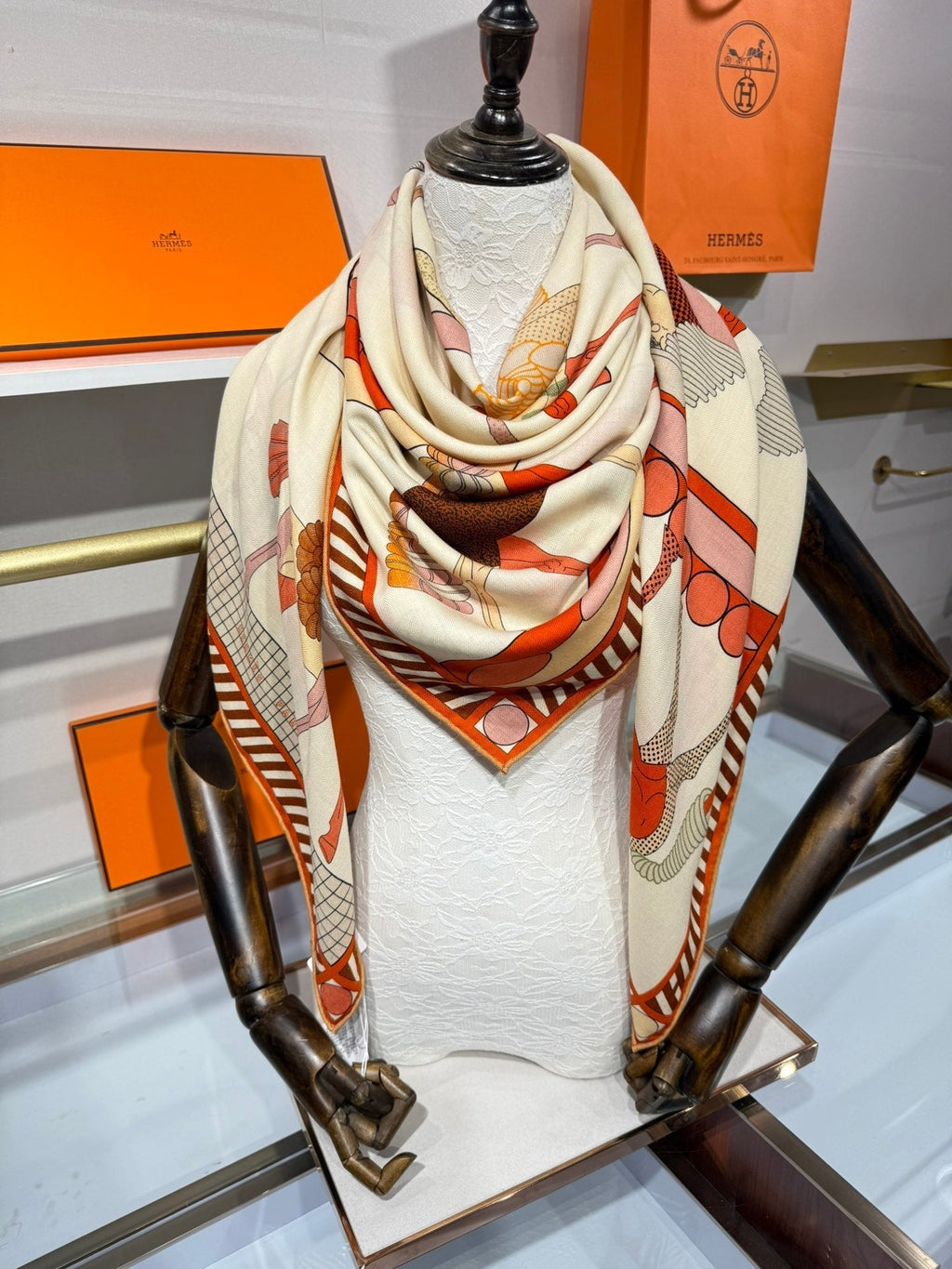 HM A Toute Allure Scarf 140 Ivory Orange Cashmere Silk 200680