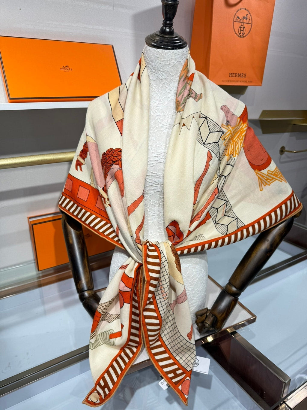 HM A Toute Allure Scarf 140 Ivory Orange Cashmere Silk 200680
