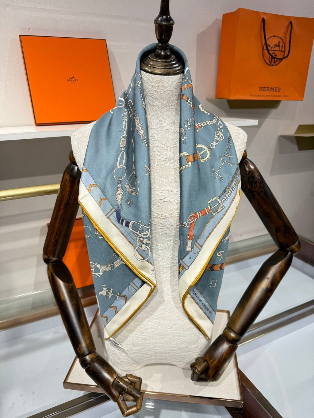 HM Les Chevaux Scarf 90x90 Blue Colorful Twill Silk 209502