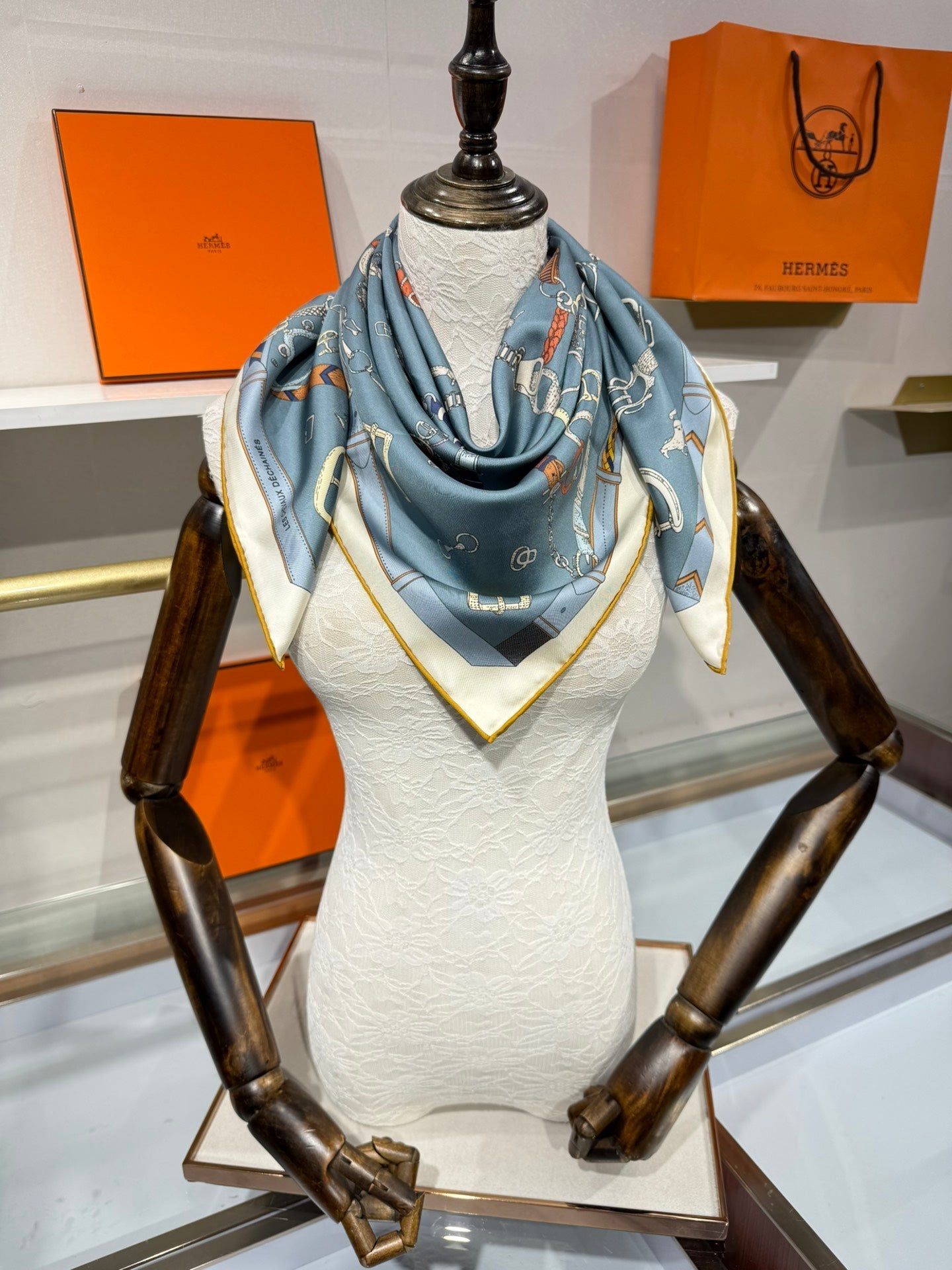 HM Les Chevaux Scarf 90x90 Blue Colorful Twill Silk 209502