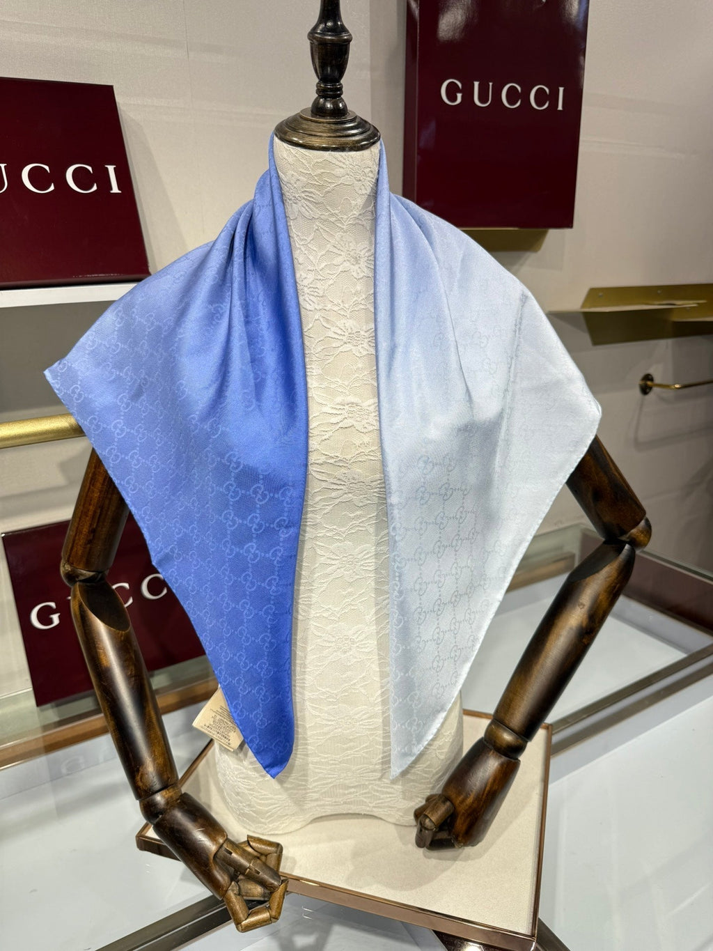 GG Fringe Scarf 90x90 Blue Silk Twill 203982
