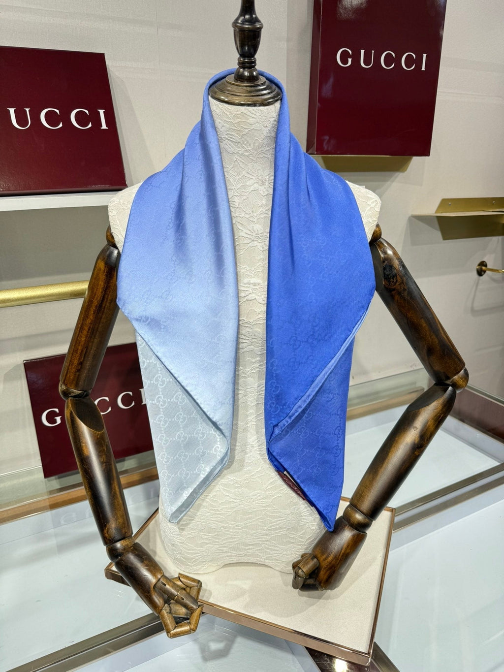 GG Fringe Scarf 90x90 Blue Silk Twill 203982