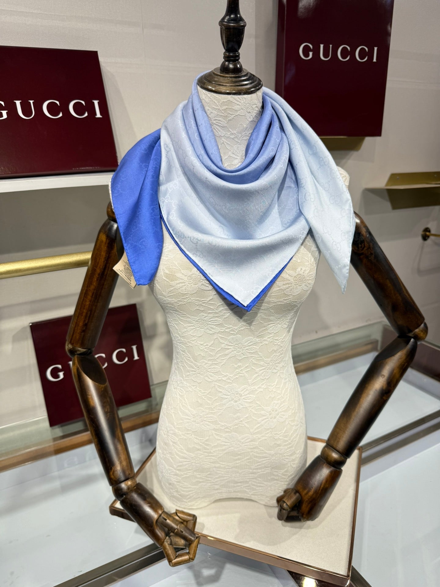 GG Fringe Scarf 90x90 Blue Silk Twill 203982