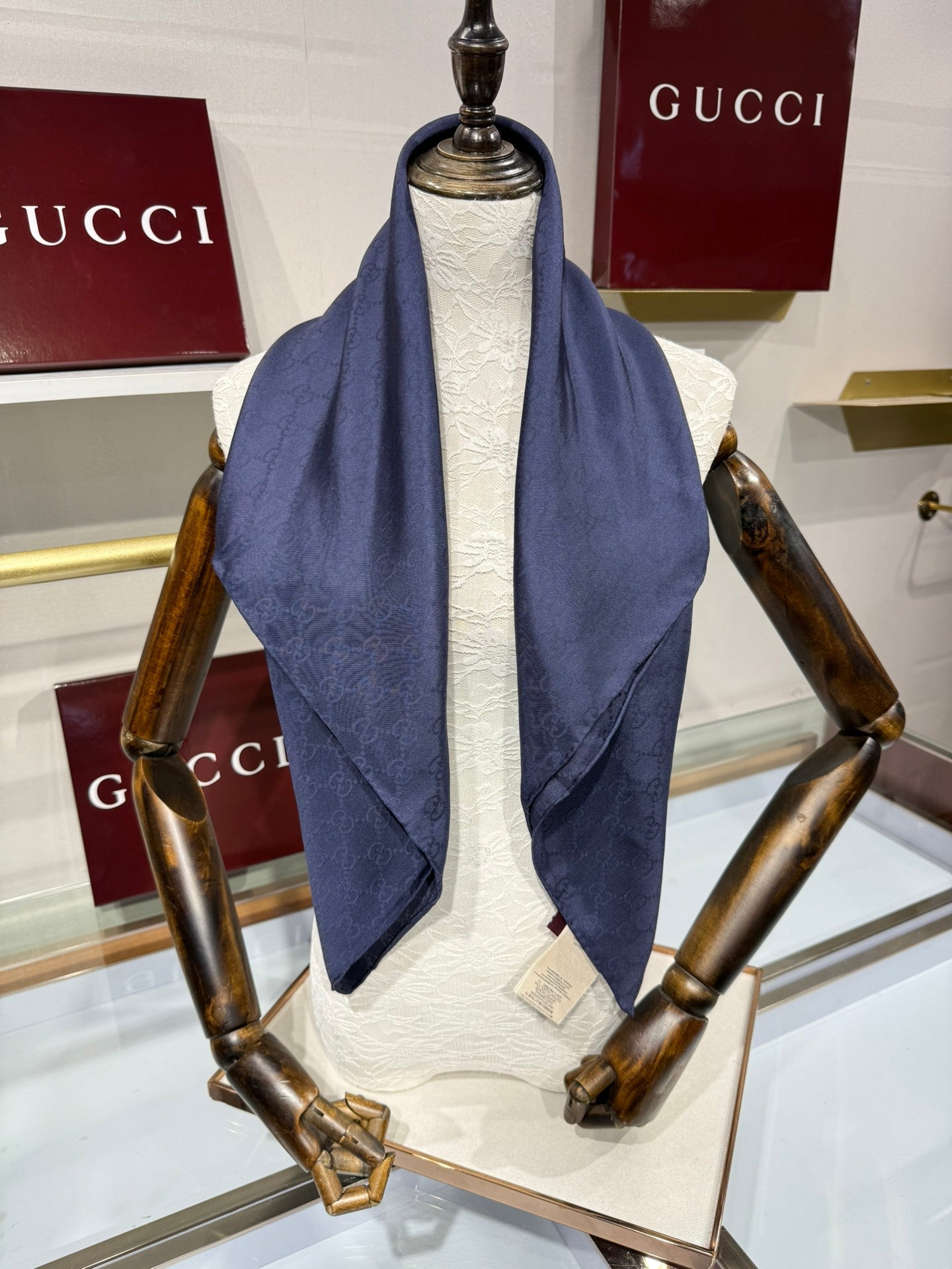 GG Fringe Scarf 90x90 Navy Blue Silk Twill 203985