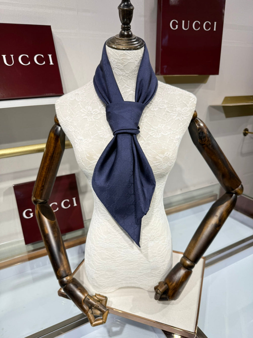 GG Fringe Scarf 90x90 Navy Blue Silk Twill 203985
