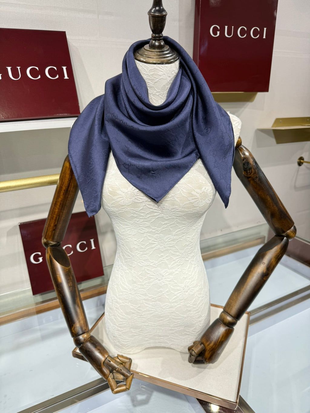 GG Fringe Scarf 90x90 Navy Blue Silk Twill 203985