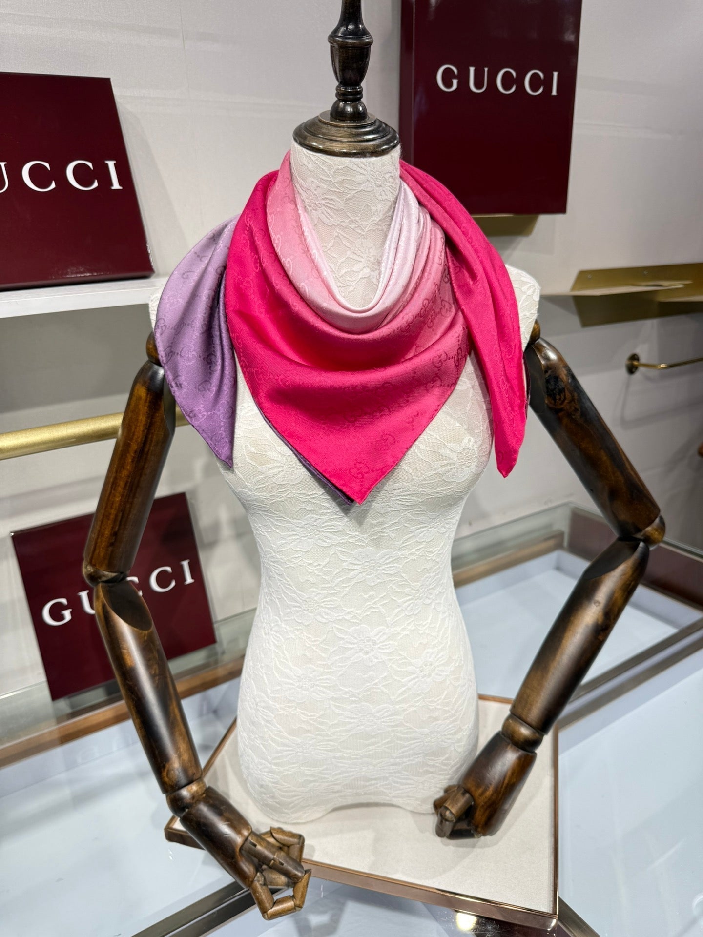 GG Fringe Scarf 90x90 Pink Colorful Silk Twill 203993