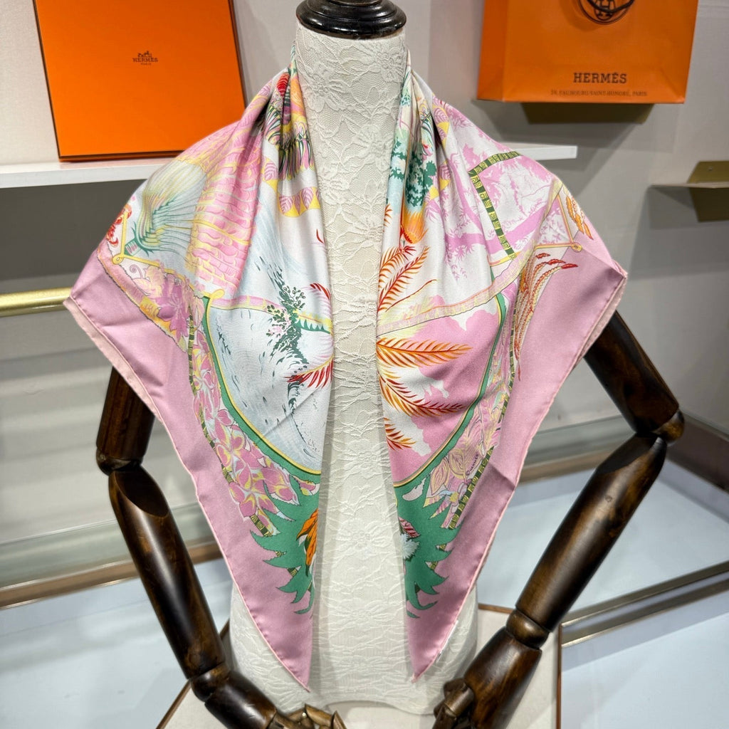 HM Aloha Scarf 90x90 Pink Colorful Twill Silk 209508