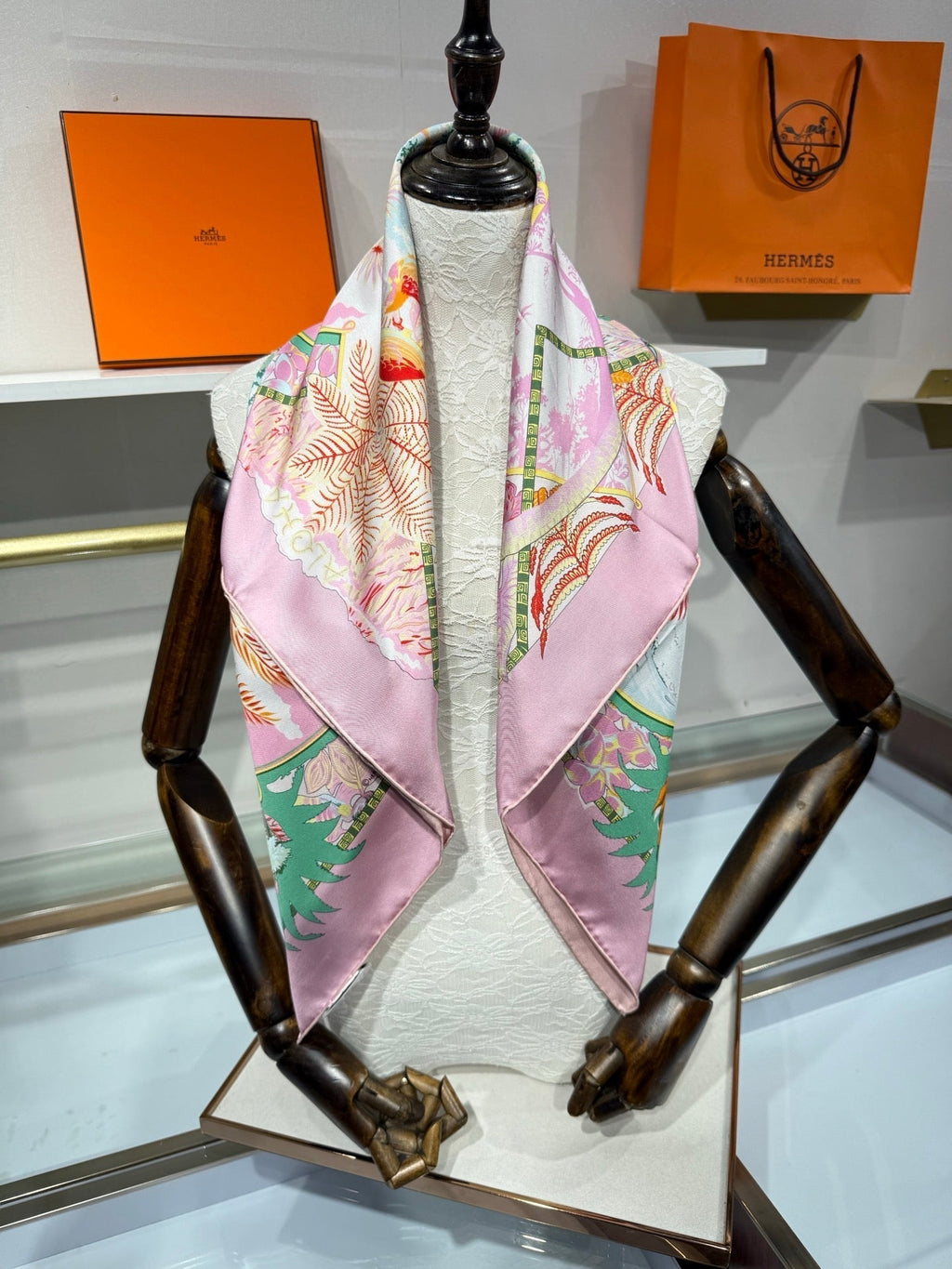 HM Aloha Scarf 90x90 Pink Colorful Twill Silk 209508