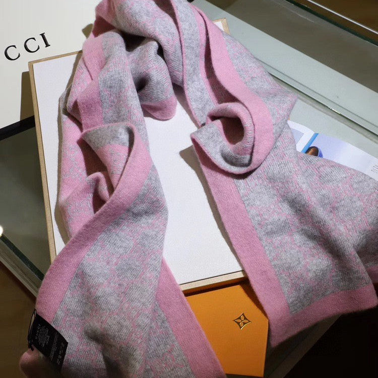 GG Double G Jacquard Scarf 180CM Pink Gray Wool 282698