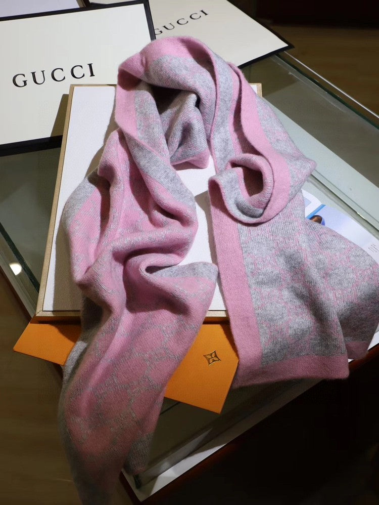 GG Double G Jacquard Scarf 180CM Pink Gray Wool 282698