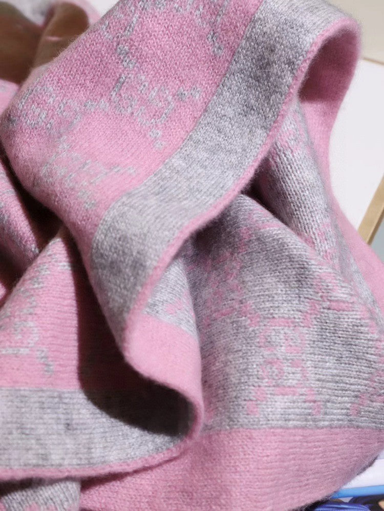 GG Double G Jacquard Scarf 180CM Pink Gray Wool 282698