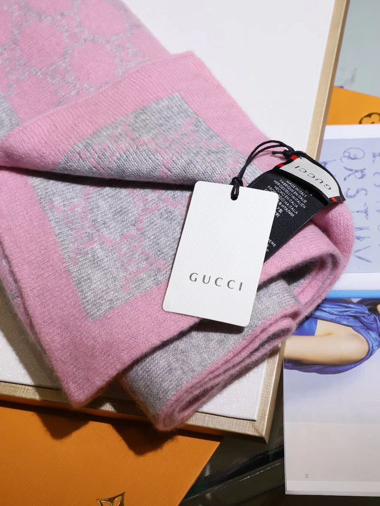 GG Double G Jacquard Scarf 180CM Pink Gray Wool 282698