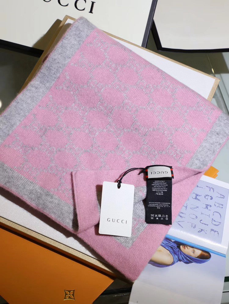 GG Double G Jacquard Scarf 180CM Pink Gray Wool 282698