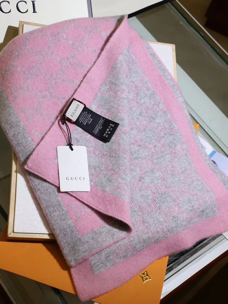 GG Double G Jacquard Scarf 180CM Pink Gray Wool 282698