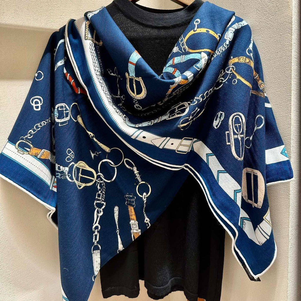 Chevaux Dechaines Shawl 135 CM IN Dark Blue Colorful Cashmere Silk 373682