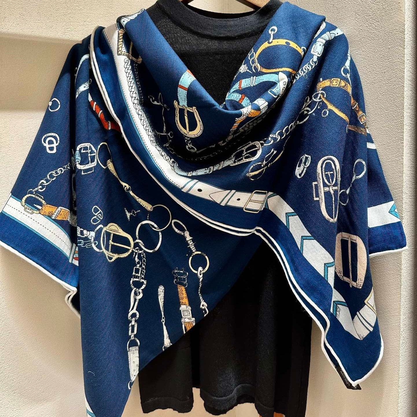 Chevaux Dechaines Shawl 135 CM IN Dark Blue Colorful Cashmere Silk 373682