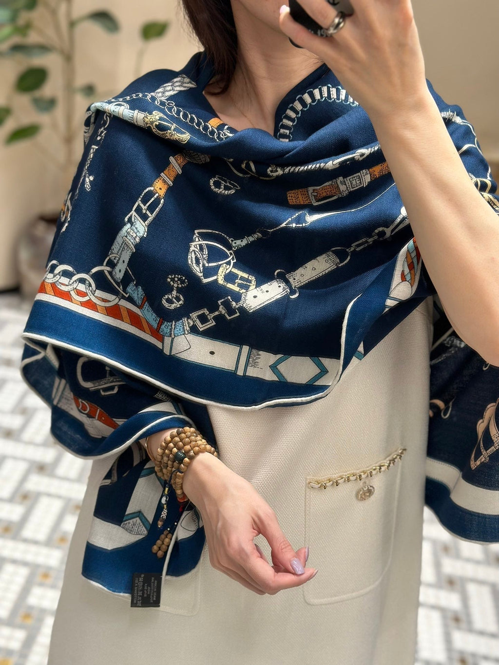 Chevaux Dechaines Shawl 135 CM IN Dark Blue Colorful Cashmere Silk 373682