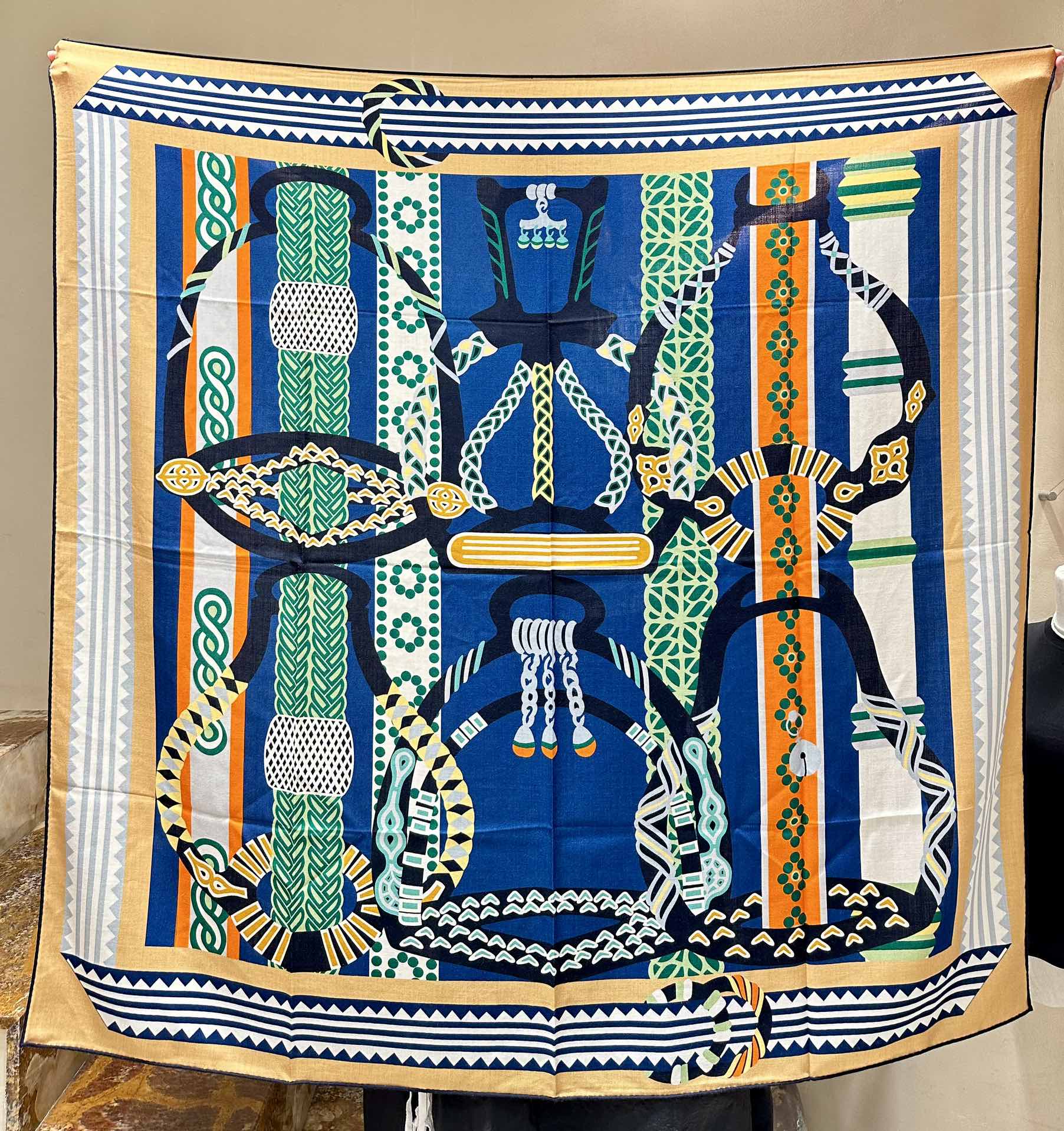 Fantaisie d'Etriers Shawl 140 CM Green Mix Blue Colorful Silk